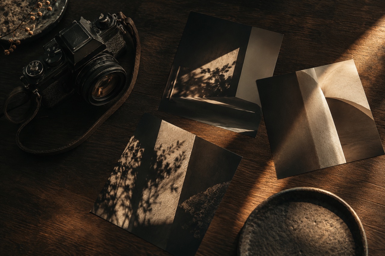 カメラと、光や影を写した写真を木の机に並べた撮影準備のイメージ（生成画像）